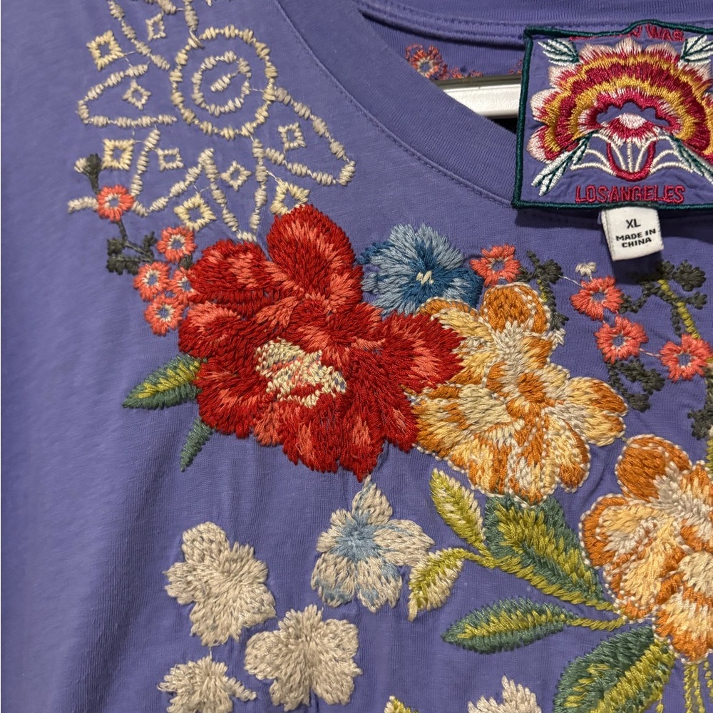 Johnny Was light purple Josephine relaxed Floral Embroidered Short Sleeve Top - Picture 6 of 10